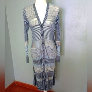 Chico's Daphne White & Blue Striped Sheer Button Up Long Sleeve Duster Cardigan